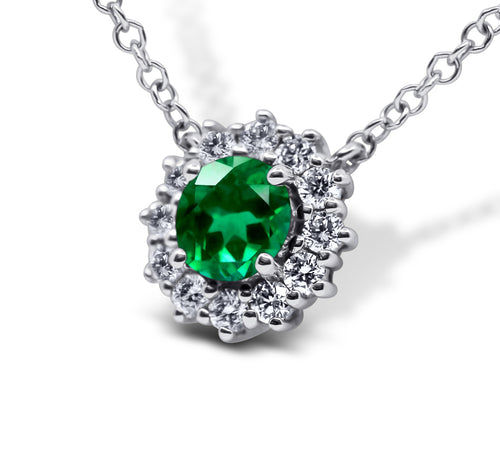 Emerald and Diamond Halo Necklace - Sydney Rosen